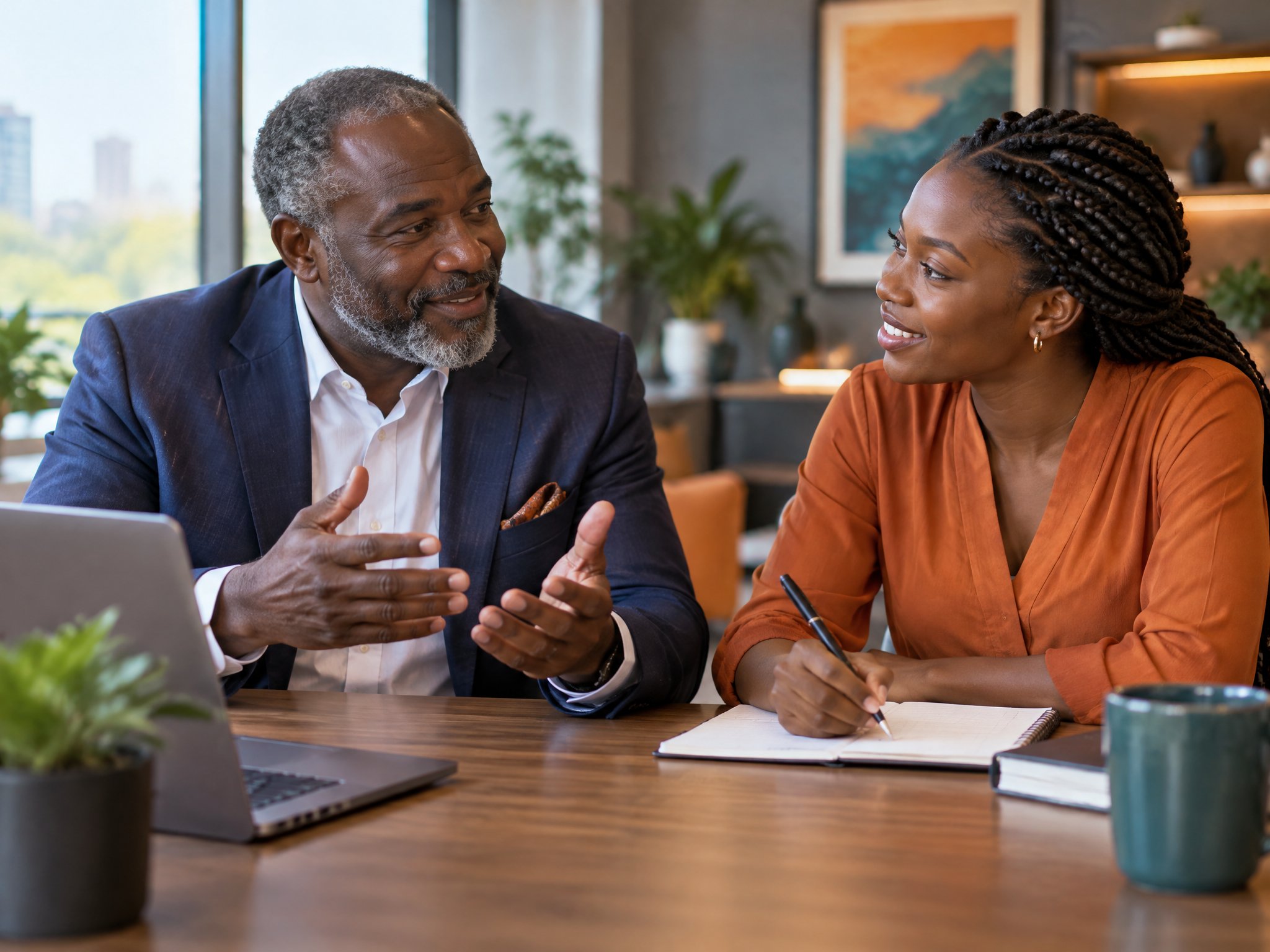 A mentor and entrepreneur reviewing an AI-drafted business plan together