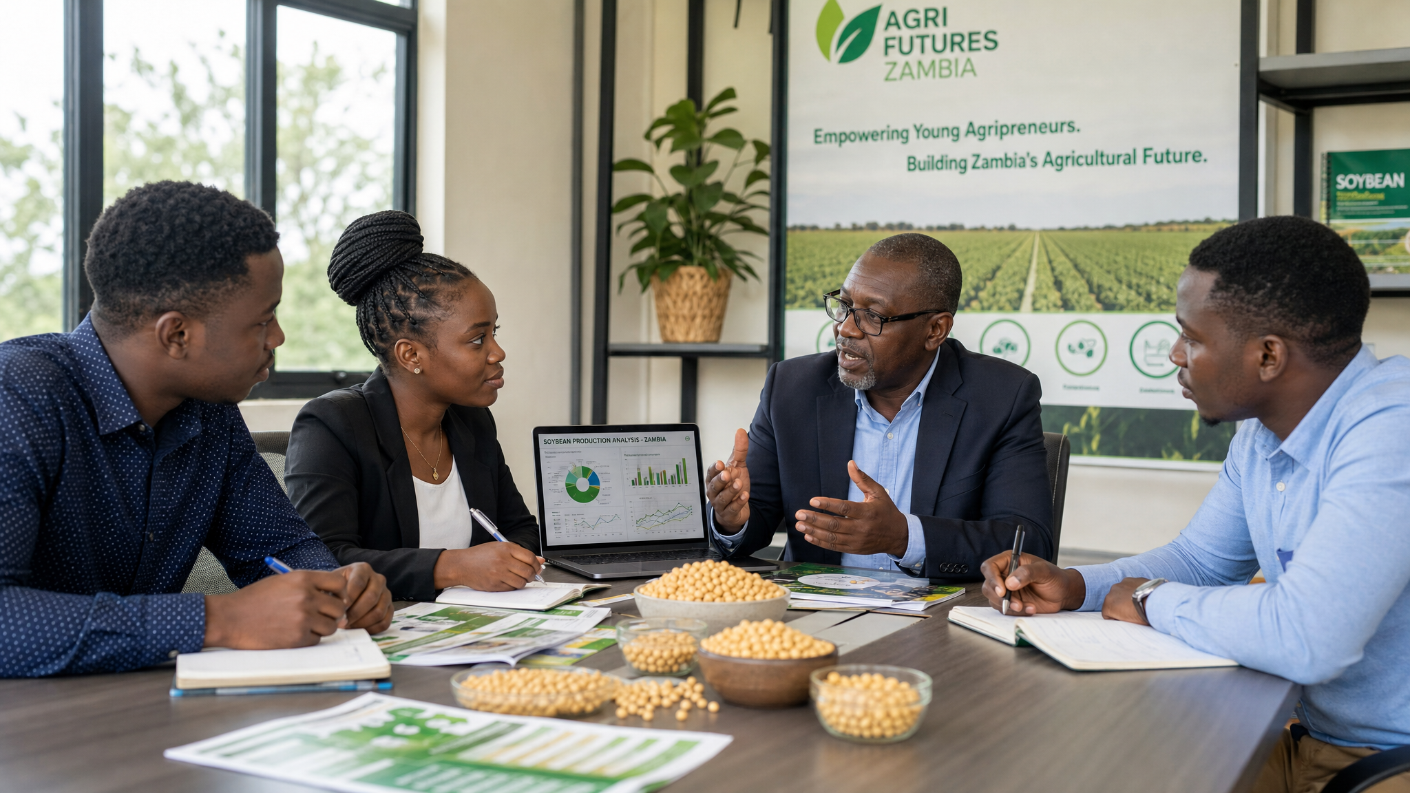 Experienced agricultural professional mentoring young soybean entrepreneurs in Zambia
