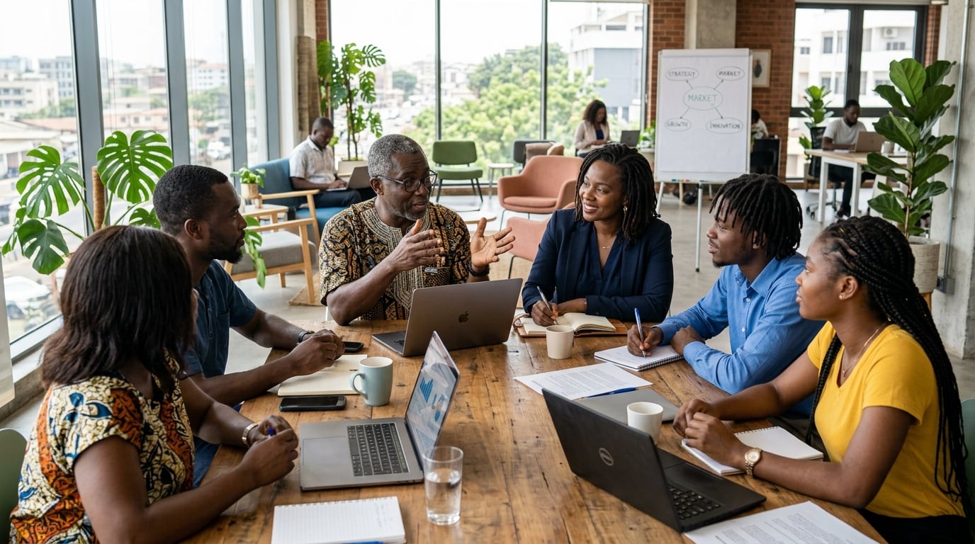 Experienced mentors collaborating with young entrepreneurs