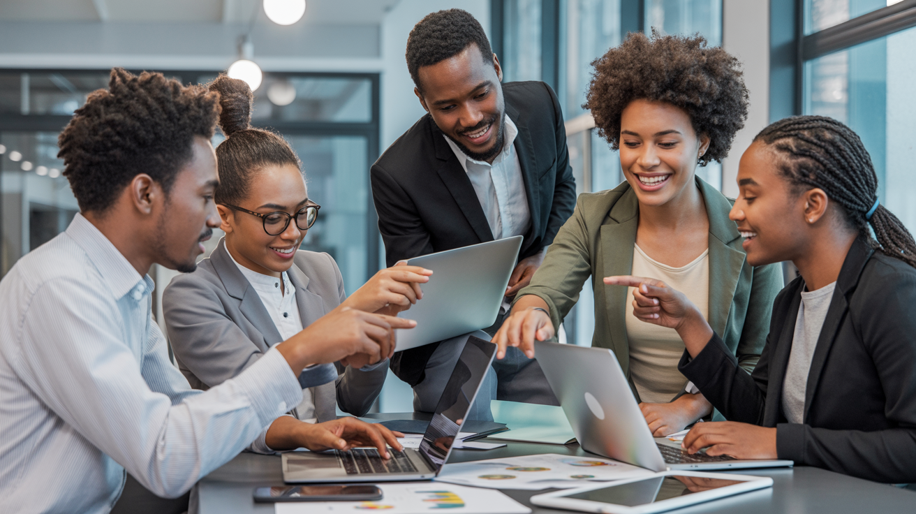 Young African entrepreneurs working together on laptops in a collaborative business environment