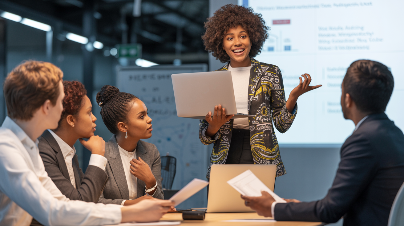 Young African entrepreneurs presenting business ideas to investors and judges