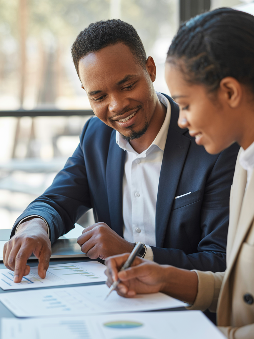 Professional mentor guiding a young entrepreneur through business planning in Zambia
