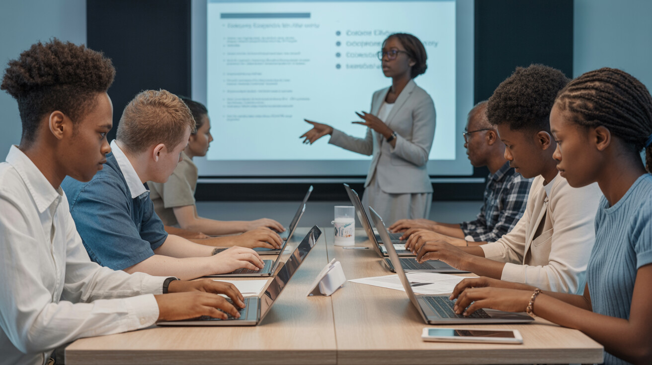 Black African youths in intensive digital skills training with laptops